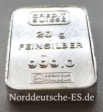 Silberbarren 20 g Feinsilber 999 Credit Suisse