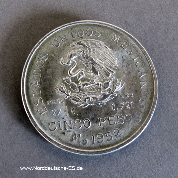 Mexico Silbermünze Cinco Pesos Hidalgo 1951-1954
