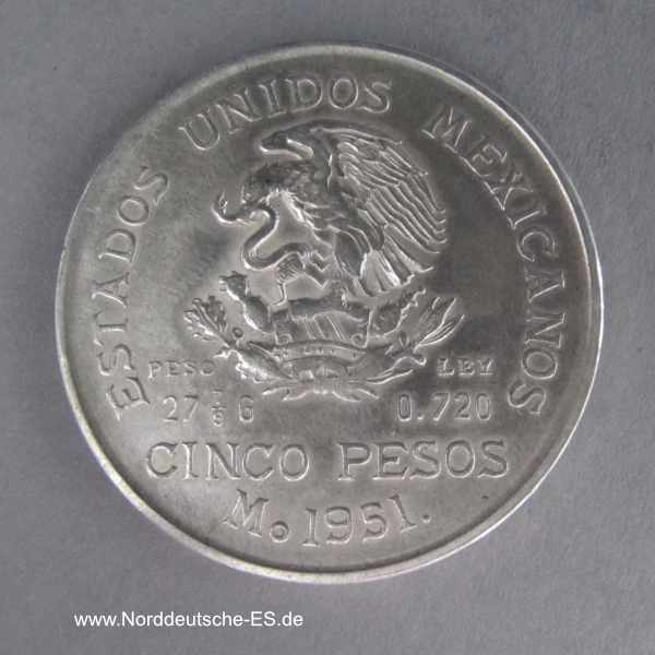 Mexico Silbermünze Cinco Pesos Hidalgo 1951 Mexiko