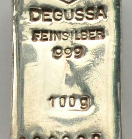 Silberbarren 100g Feinsilber 999 Sargform, historisch, ehemalige Degussa