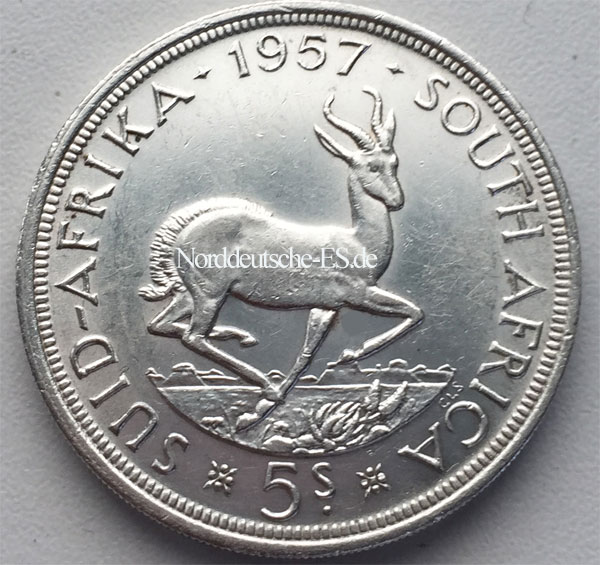 Sued Afrika 5 Shilling Springbok 1957 Silbermuenze