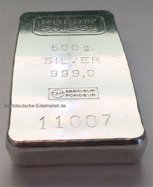 Silberbarren 500g Feinsilber 999 Schweiz Credit Suisse historisch