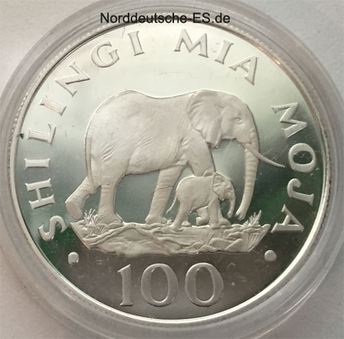 Tansania 100 Shilingi Silbermuenze Mia Moja - 1986 Elefantenkuh mit Baby