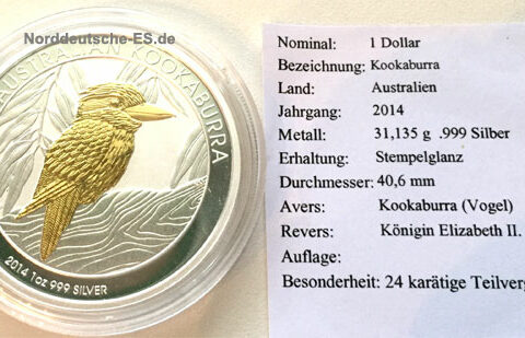 Australien Kookaburra 2014 Feinsilber 999 1oz 24Kt teilvergoldet