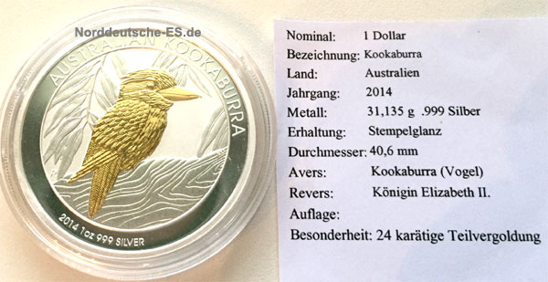 Australien Kookaburra 2014 Feinsilber 999 1oz 24Kt teilvergoldet