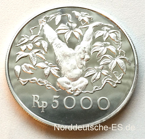 Indonesien 5000 Rupiah 1974 Silbermuenze - Orang Utan