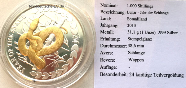 Somaliland Lunar Year of the Snake 1oz Feinsilber 999 Teilvergoldung 1000 Shillings