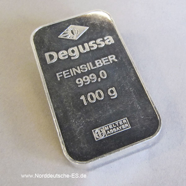Silberbarren 100g Feinsilber 999 Degussa