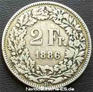 Helvetia 2 Franken Schweiz 1886 Silbermuenze