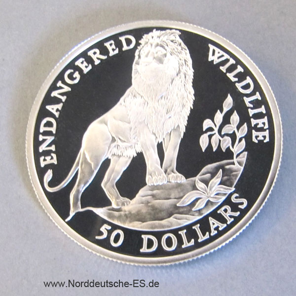 Cook Islands 50 Dollars Silber Endangered Wildlife 1991 Löwe