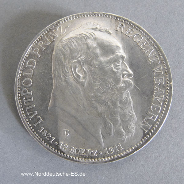 Deutsches Reich Gedenkmünze 3 Mark Silber 1911 Luitpold Bayern