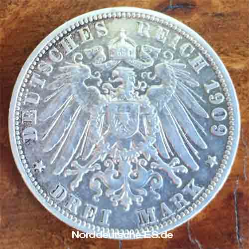 Deutsches Reich 3 Mark Wilhelm II Koenig von Wuerttemberg 1909