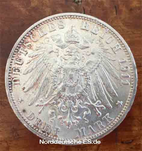 Deutsches Reich 3 Mark Koenig Wilhelm II Charlotte von Wuerttemberg 1886-1911
