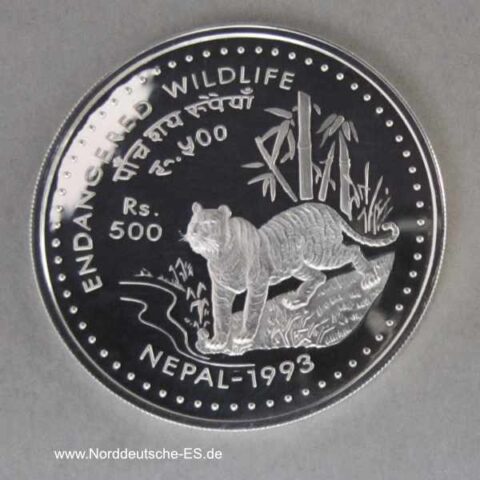 Nepal Silber 500 Rupien Tiger 1993 PP