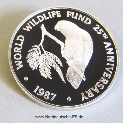 Cayman Islands 5 Dollars Silber Amazonas Papagei 1987 WWF 25 Jahre