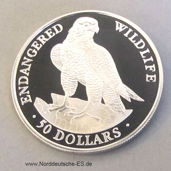 Cook Islands 50 Dollars Silber 1991 Endangered Wildlife Falke