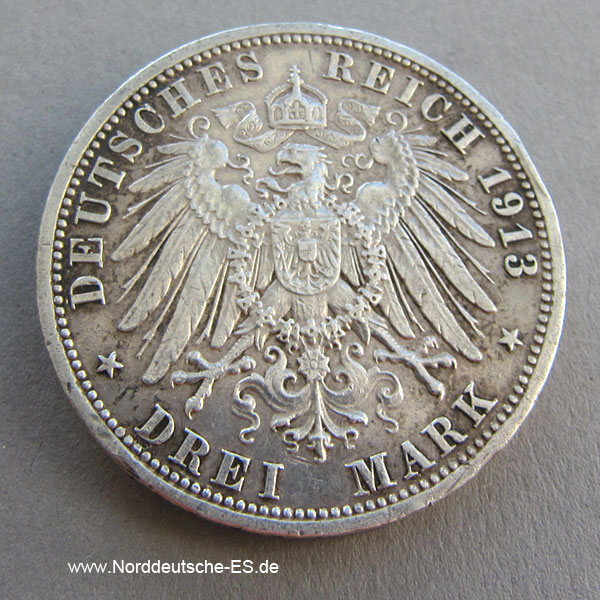 Deutsches Reich Drei Mark Wilhelm II Preussen 1913 Silbermünze