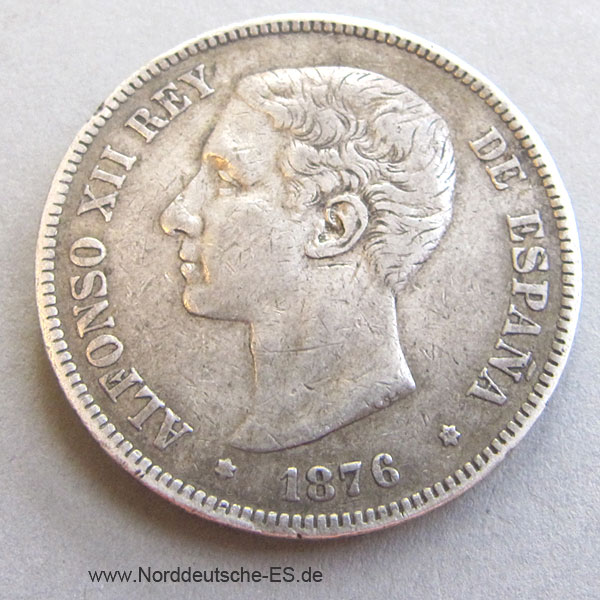 Spanien 5 Pesetas 1876 ALFONSO XII Silbermünze