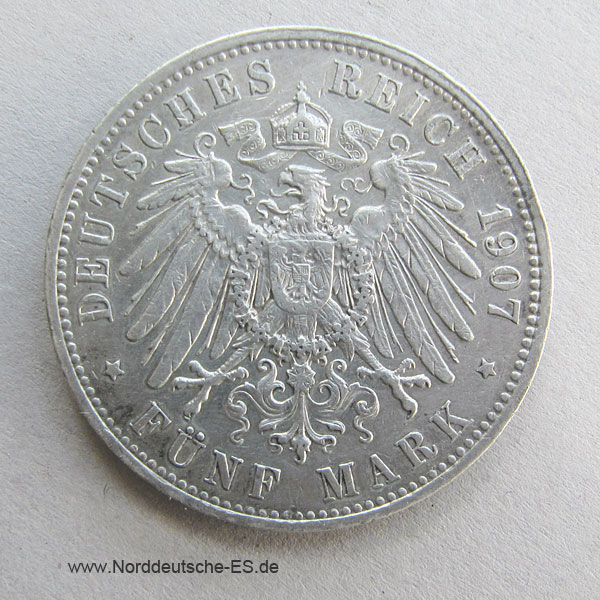 Deutsches Reich 5 Mark Silber Friedrich August Sachsen 1907