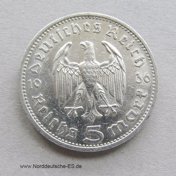 Deutsches Reich 5 Reichsmark Hindenburg Silber 1936