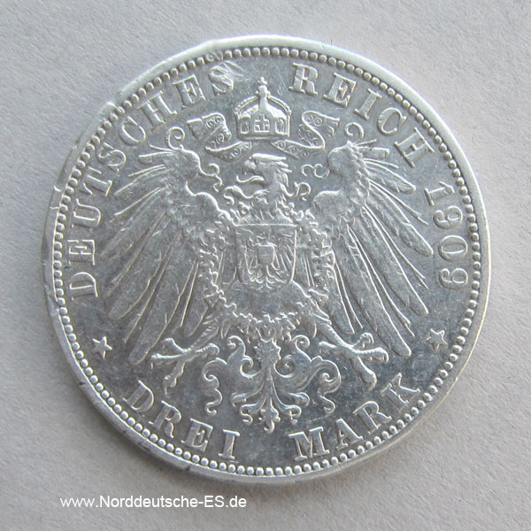 Deutsches Reich 3 Mark Friedrich II Baden 1908-1915 Silber