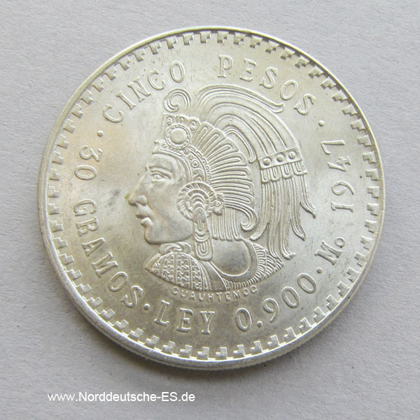 Mexiko 5 Pesos Aztekenkaiser Cuauthemoc Silber 1947