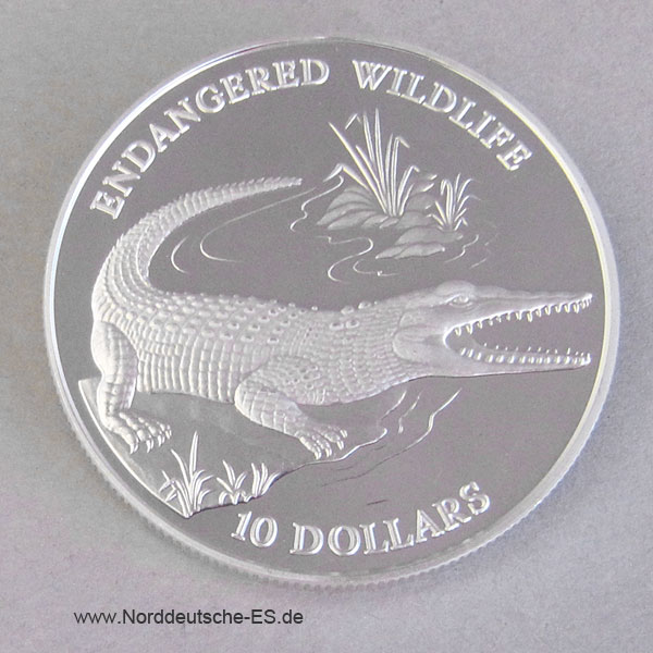 Solomon Islands 10 Dollars Silber Krokodil Endangered Wildlife 1992