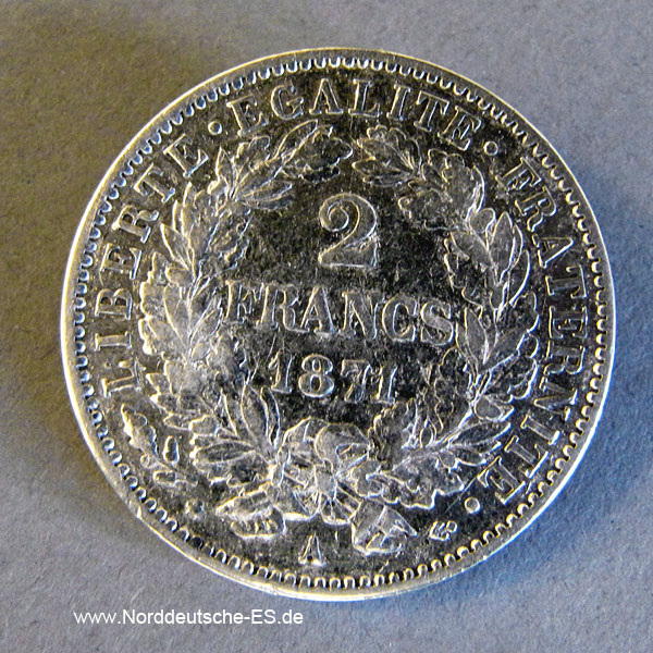 Frankreich 2 Francs 1871 A Ceres Silber 1870-1871
