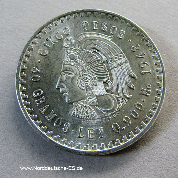 Mexiko 5 Pesos Aztekenkaiser Cuauthemoc Silber 1948