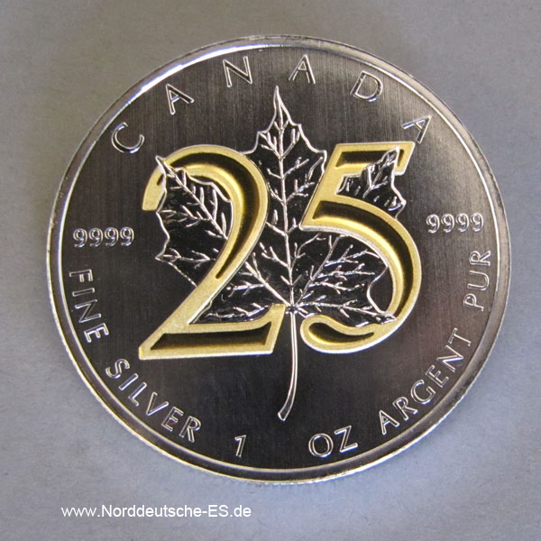 Kanada Maple Leaf 25 Jahre 1 OZ Silbermünze mit 24 Karat teilvergoldet