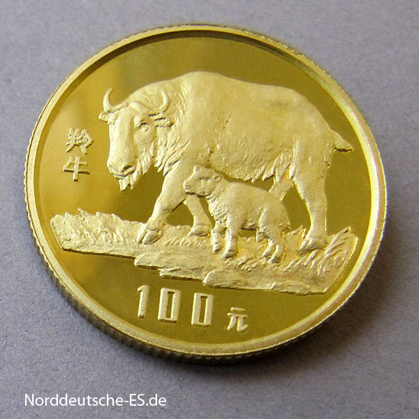 China 100 Yuan Takin 1992 Goldmünze