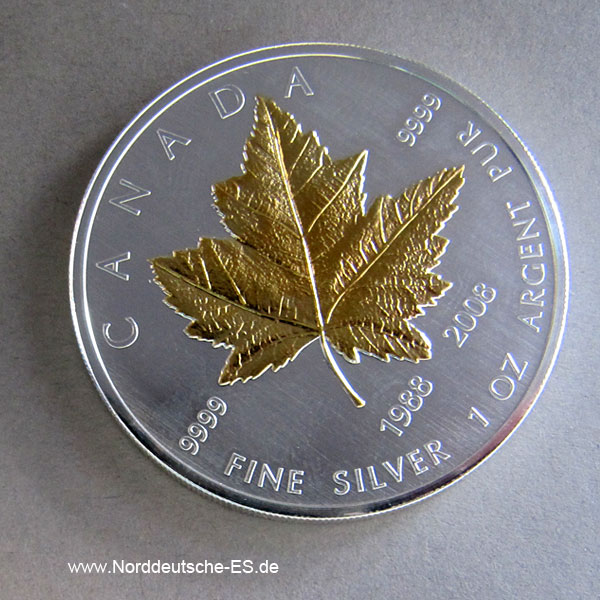 Kanada Maple Leaf 1 oz Silber vergoldet Jubiläum 1988-2008