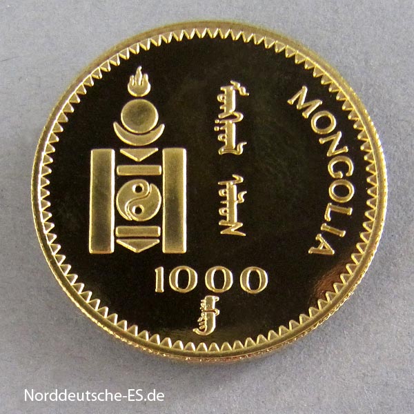 Mongolei 1000 Tugrik 583er Gold Katze Diamant Augen 1999