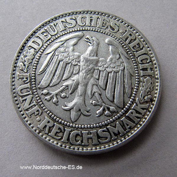 Fünf Reichsmark Silbermünze Weimarar Republik Eichbaum