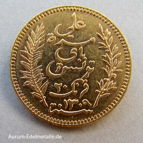 Tunesien 20 Francs Gold 1891-1902 Ali III