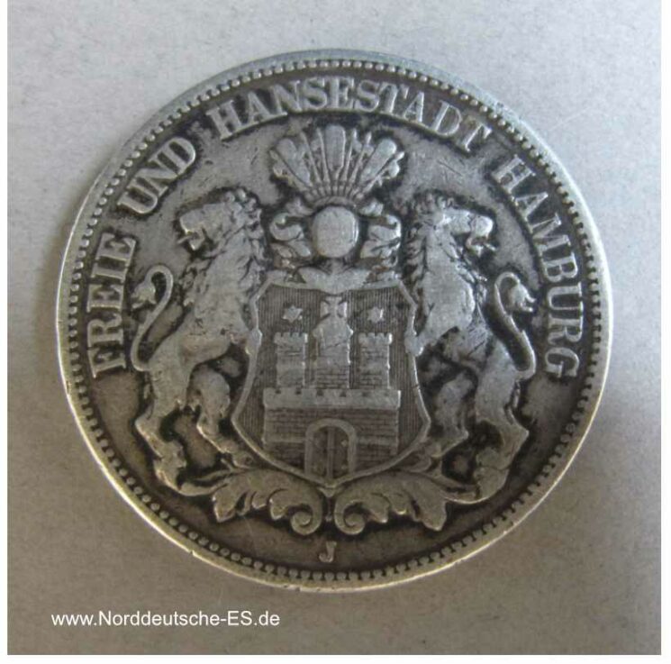 Deutsches Reich Hamburg Silbermünze 5 Mark 1876