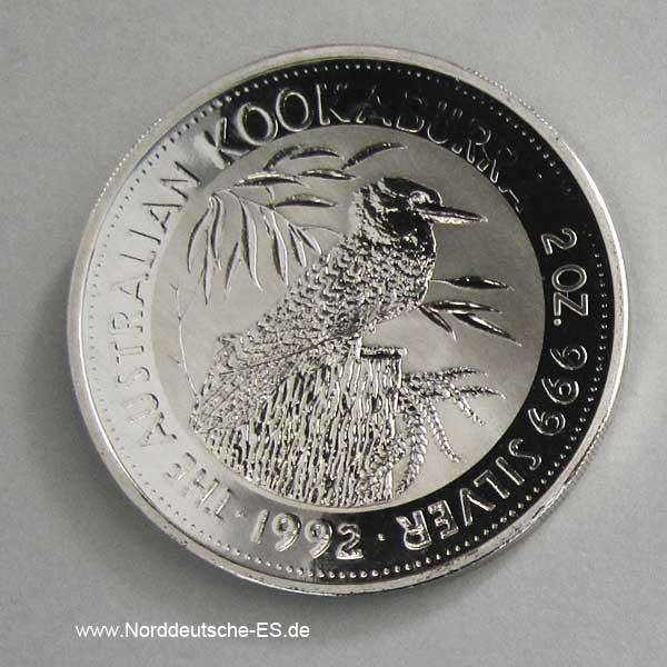 Australien 2 Unzen Silber 2 Dollars Kookaburra 1992
