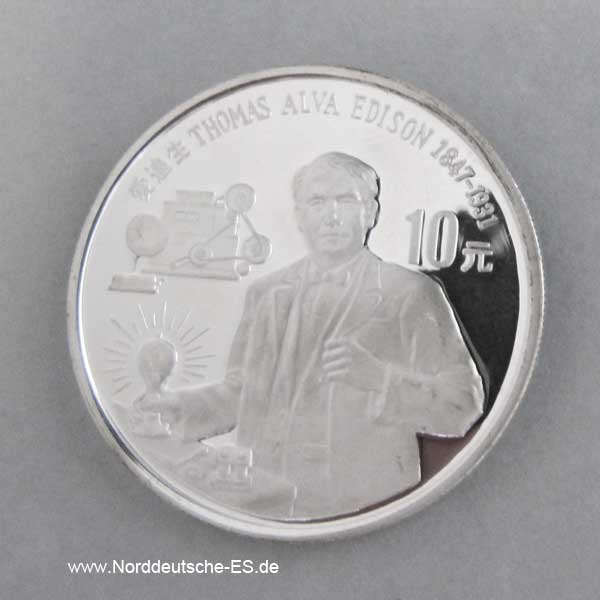 China 10 Yuan Silbermünze 1990 Thomas Alva Edison