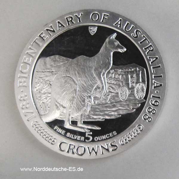 Isle of Man Silber 5 Crowns Bicentenary Australien 1788-1988 Kangaroo
