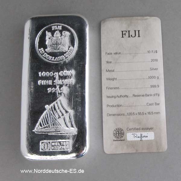 Silberbarren 1 kg Münzbarren 10 Dollars Fiji Argor Heraeus