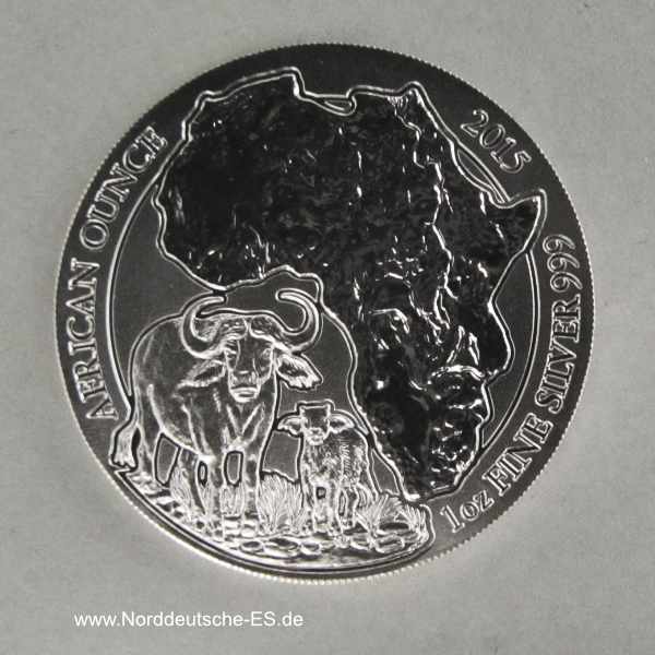 Ruanda 1 oz Silber 50 RWF African Ounce Kaffernbüffel 2015 Stempelglanz