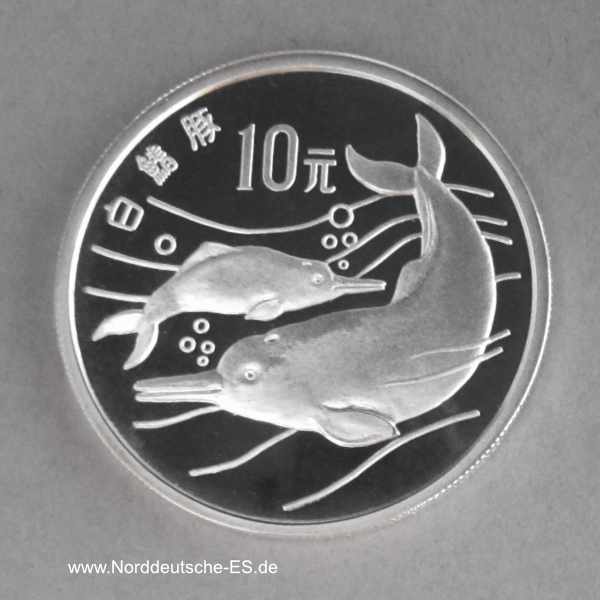 China 10 Yuan Silber 1988 Delfine Endangered Wildlife