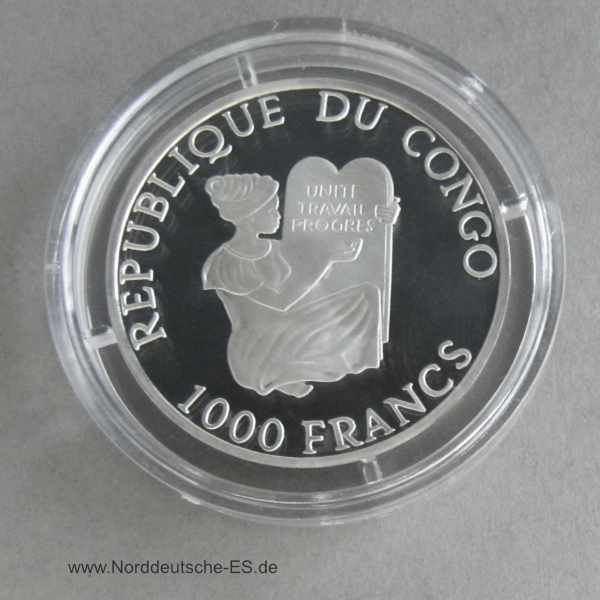 Kongo 1000 Francs Silbermünze Corbita Cargo Romain 1997 PP