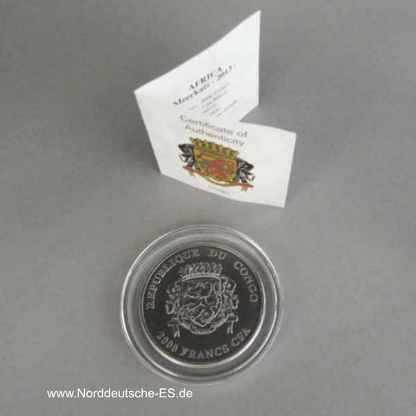 Kongo 3 oz Silber Antique Finish 2000 Francs Meerkats 2013