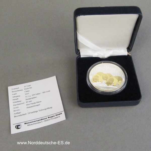 China Panda 10 Yuan 1 oz Silbermünze teilvergoldet 2013