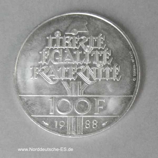 Frankreich 100 Francs Silbermünze Brüderlichkeit Gedenkmünze 1988