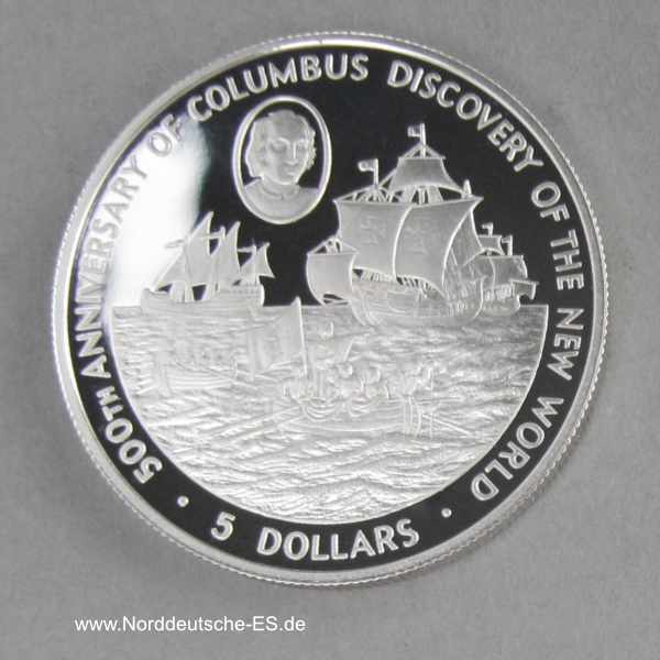 Cayman Islands 5 Dollars 500 Jahre Entdeckung der Neuen Welt Kolumbus 1988 PP
