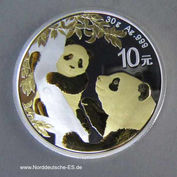 China Panda 10 Yuan 30g Silbermünze teilvergoldet 2021