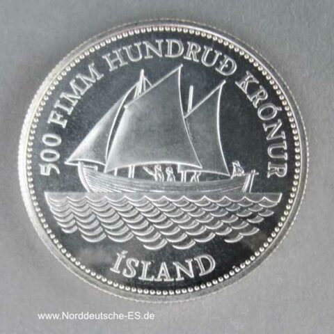 Island 500 Kronen Silbermünze 1986 100 Jahre isländische Banknoten