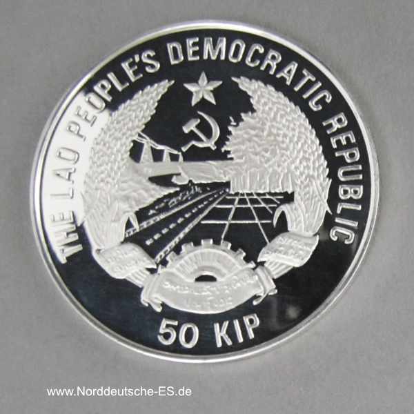 Laos 50 Kip Silbermünze 1988 Fünfmastklipper